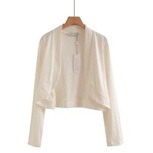 Cream ribbed Cropped Cardigan open front round crew neck long sleeve